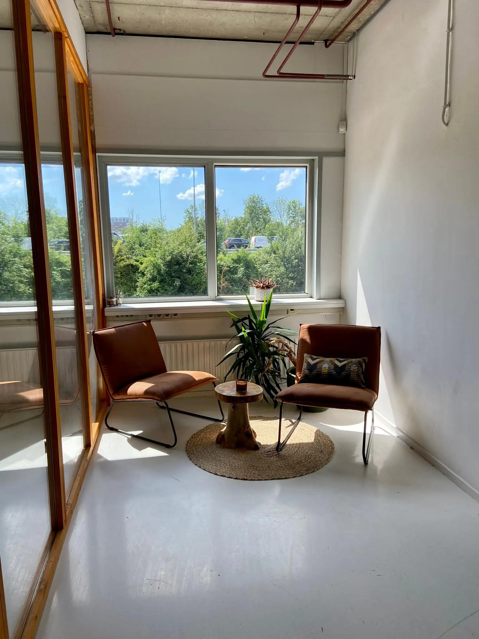 Zithoek met twee moderne stoelen, een plant en een boomstronk-tafeltje in een lichte ruimte aan de Anthony Fokkerweg.